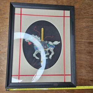 Vtg Carousel Horse Framed Cross Stitch Wall Art Black Wood Frame 12.5x15.5